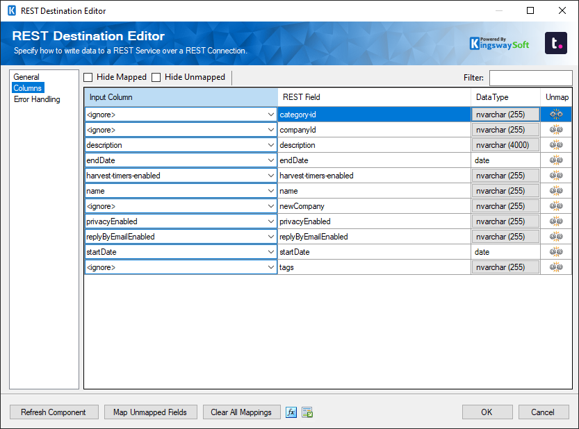 SSIS REST Teamwork Destination - Columns